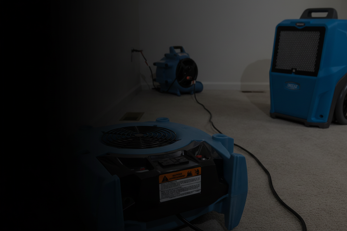 Dark left to right fade with air movers and dehumidifiers on right